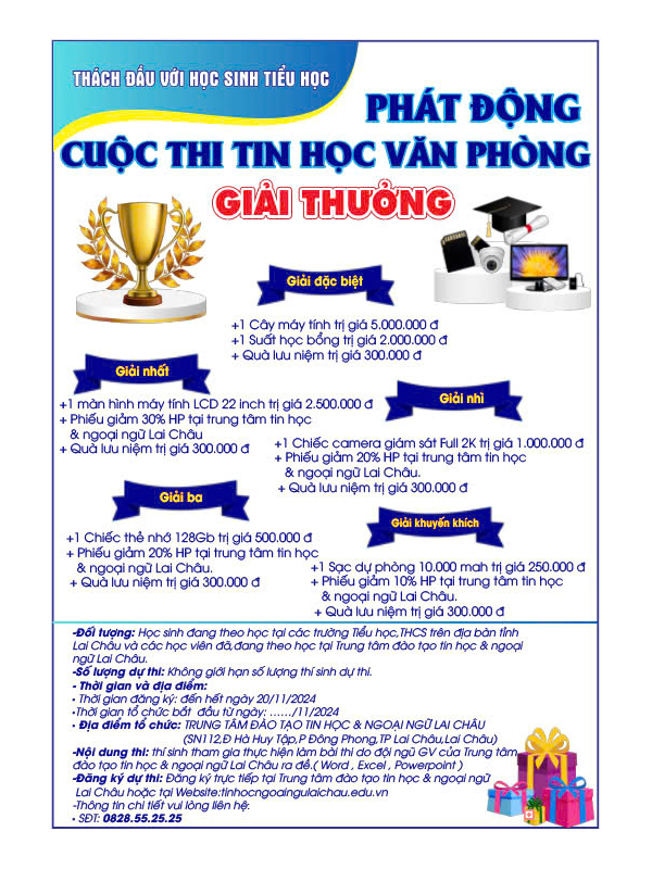 Phát động cuộc thi tin học văn phòng-Thách đấu với học sinh tiểu học 2 Giải thưởng cuộc thi tin học văn phòng-Thách đấu với học sinh tiểu học