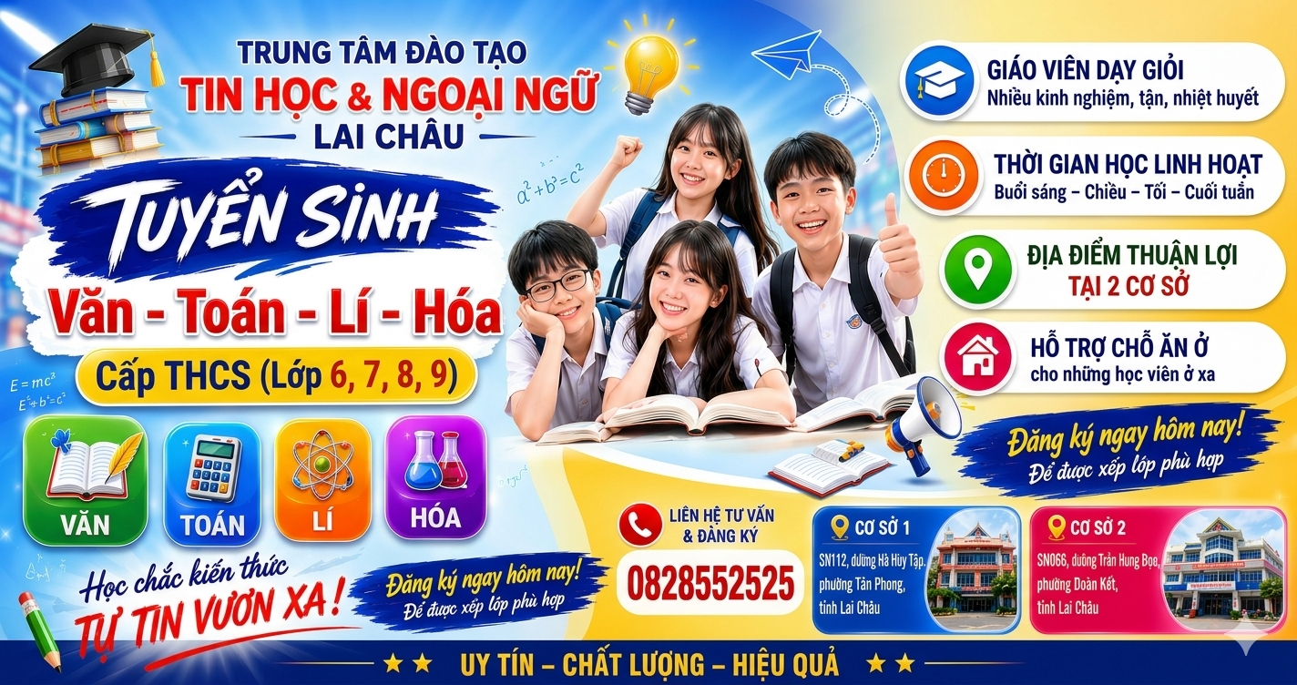 Tuyển sinh lớp văn toán lí hóa khối THCS 6,7,8,9 tại Lai Châu